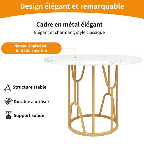 Table à Manger Ronde 80cm 4 Personnes Table De Cuisine Mdf Moderne Pieds Métal Doré