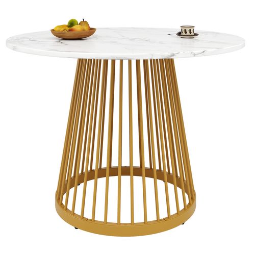 Table à Manger Ronde 80cm 4 Personnes Table De Cuisine Mdf Moderne Pieds Métal Doré