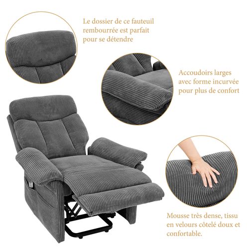 Neche Fauteuil Relaxation Releveur Électrique Pour Personnes Âgées Gris,velours Côtelé