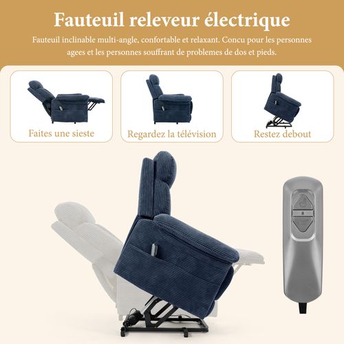 Neche Fauteuil Relaxation Releveur Électrique Pour Personnes Âgées,velours Côtelé Bleu