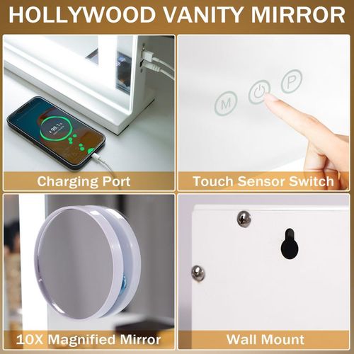 Miroir De Maquillage Hollywood Coiffeuse Mural Avec Lumineux 58x46cm - Bande Lumineuse LED