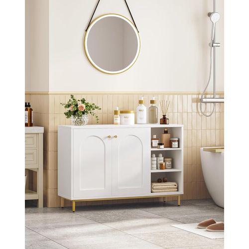 Meuble De Salle De Bain, Placard Rangement Avec 2 Portes, Compartiment Ouvert, Blanc-or