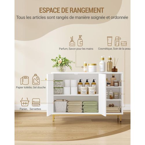 Meuble De Salle De Bain, Placard Rangement Avec 2 Portes, Compartiment Ouvert, Blanc-or