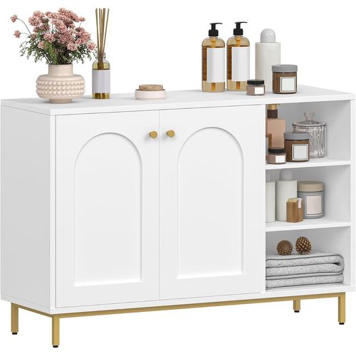 Meuble De Salle De Bain, Placard Rangement Avec 2 Portes, Compartiment Ouvert, Blanc-or