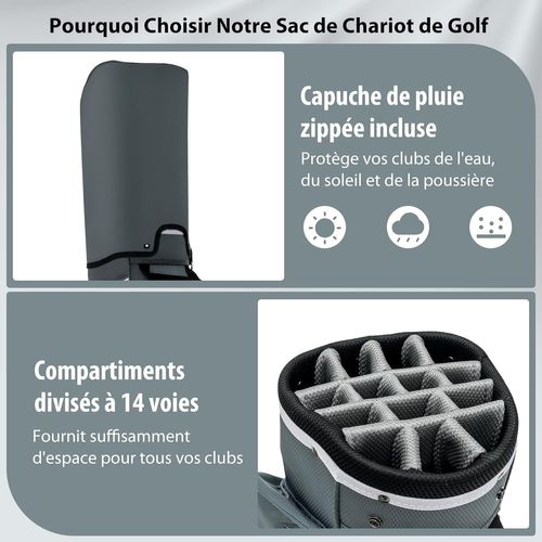 Sac De Golf Chariot Portable Pour 14 Clubs Avec 7 Poches Zippées Et Capuche (modèle3-gris)