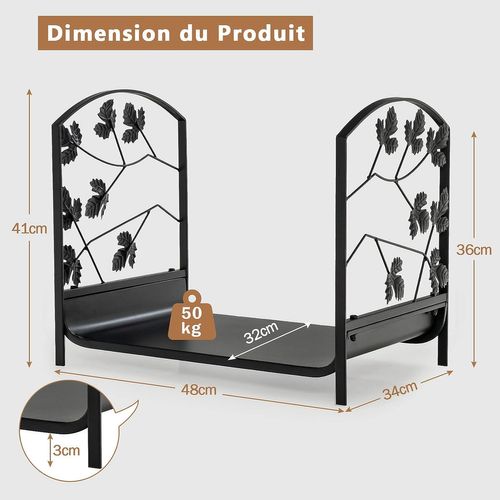 Porte Bûches De Cheminée En Acier Enduite De Poudre 48 X 34 X 41 Cm Charge 50 Kg Noir