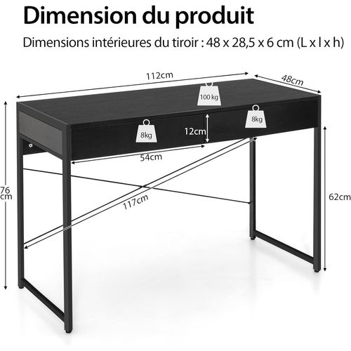 Bureau D'ordinateur Avec 2 Tiroirs Et Structure En X 112x48x76cm (noir)