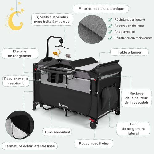 5 En 1 Lit Parapluie Bébé Avec Matelas et Table à Langer,Lit Bébé Evolutif Avec 4 Hauteurs Réglables