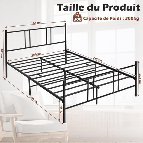 Lit Double Pour Adulte - Cadre De Lit En Métal - 160 X 200 Cm - 9 Pieds