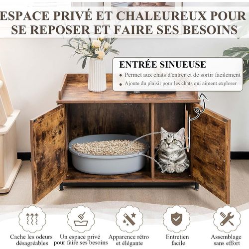 Meuble Litiere Chat Avec Double Porte Structure En Métal,80 X 50 X 88 Cm,marron