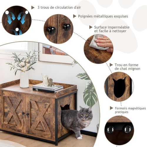 Meuble Litiere Chat Avec Double Porte Structure En Métal,80 X 50 X 88 Cm,marron