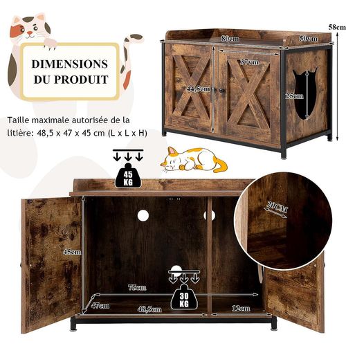 Meuble Litiere Chat Avec Double Porte Structure En Métal,80 X 50 X 88 Cm,marron