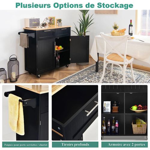 Dessertes Îlot Central Cuisine Avec Table 4 Roues, Desserte Avec 2 Tiroirs 94x41x94cm