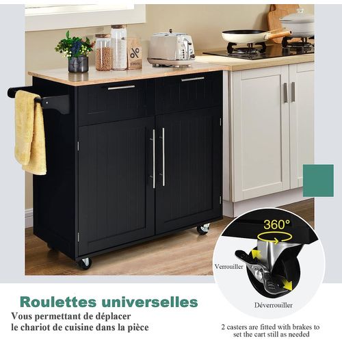 Dessertes Îlot Central Cuisine Avec Table 4 Roues, Desserte Avec 2 Tiroirs 94x41x94cm