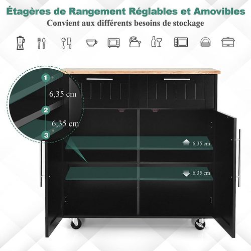 Dessertes Îlot Central Cuisine Avec Table 4 Roues, Desserte Avec 2 Tiroirs 94x41x94cm