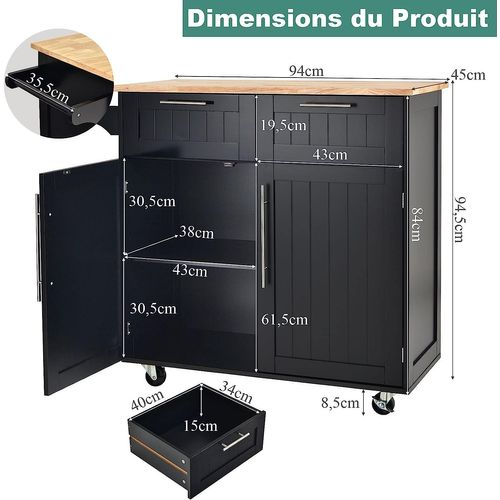 Dessertes Îlot Central Cuisine Avec Table 4 Roues, Desserte Avec 2 Tiroirs 94x41x94cm