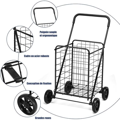 Chariot De Courses 4 Roues Avec Structure En Métal Anti-rouille, Caddie De Courses Charge 35kg