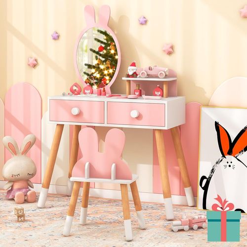 Coiffeuse Enfant 2 En 1 Avec Miroir En Forme Lapin En Bois Avec Tabouret Mignon,2 Tiroirs,rose