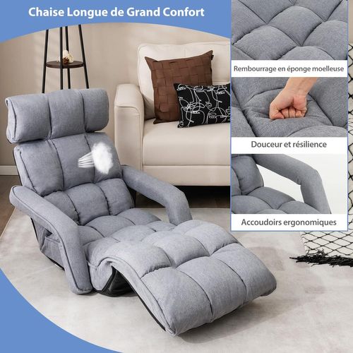 Fauteuil Convertible 1 Place Adulte Avec Appui-tête Dossier Réglable 6 Positions, 196 X 72 X 19,5 Cm