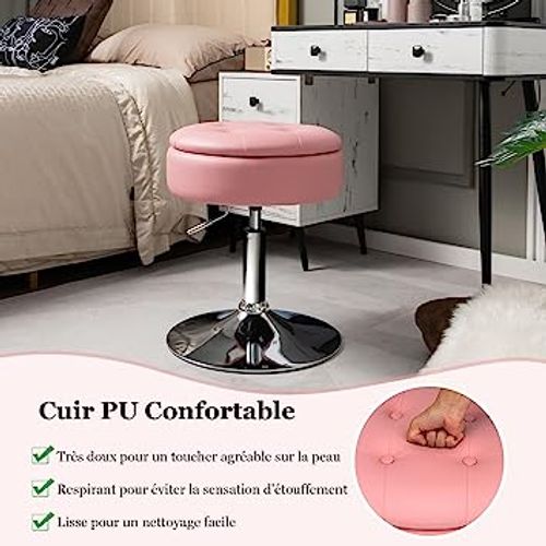 Tabouret De Bar Pivotante à 360° Hauteur Réglable 51-66 Cm, Couvercle Amovible Rangement, Rose
