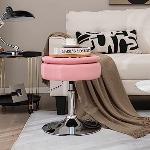 Tabouret De Bar Pivotante à 360° Hauteur Réglable 51-66 Cm, Couvercle Amovible Rangement, Rose