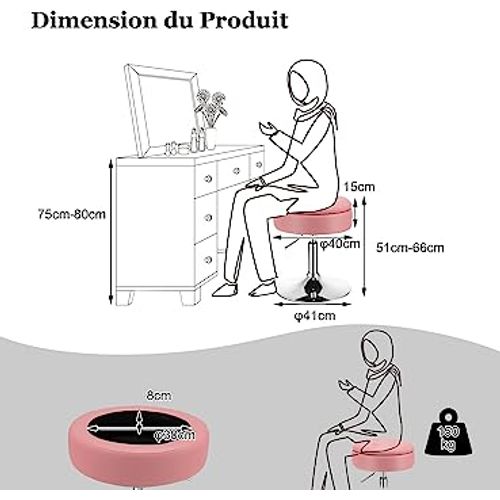 Tabouret De Bar Pivotante à 360° Hauteur Réglable 51-66 Cm, Couvercle Amovible Rangement, Rose