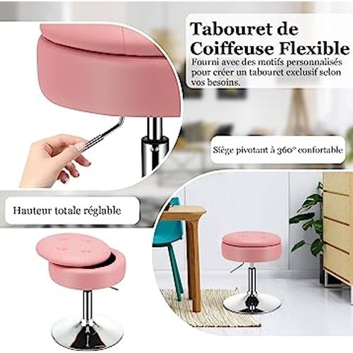 Tabouret De Bar Pivotante à 360° Hauteur Réglable 51-66 Cm, Couvercle Amovible Rangement, Rose
