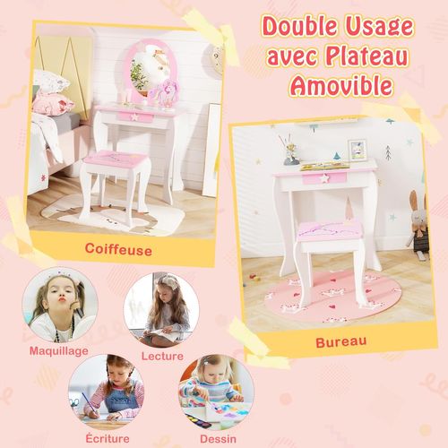 Coiffeuse Pour Enfant Table De Maquillage Avec Tabouret, Miroir Détachable Et 1 Tiroir Blanc