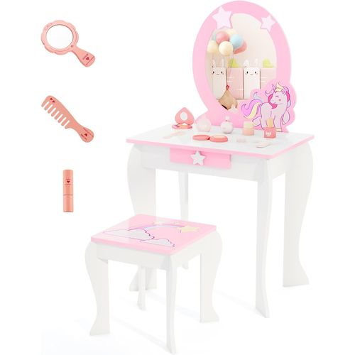 Coiffeuse Pour Enfant Table De Maquillage Avec Tabouret, Miroir Détachable Et 1 Tiroir Blanc