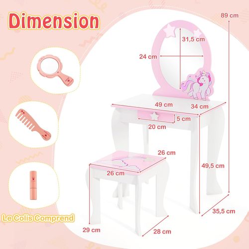 Coiffeuse Pour Enfant Table De Maquillage Avec Tabouret, Miroir Détachable Et 1 Tiroir Blanc