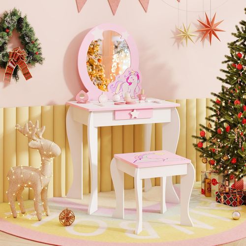 Coiffeuse Pour Enfant Table De Maquillage Avec Tabouret, Miroir Détachable Et 1 Tiroir Blanc