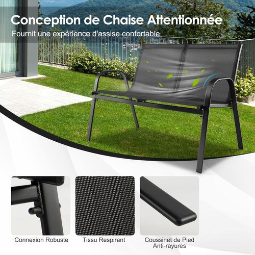 Ensemble Salon De Jardin 4 Pièces En Acier, 2 Fauteuils, 1 Canapé Et 1 Table Basse En Verre, Noir