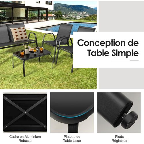 Ensemble Salon De Jardin 4 Pièces En Acier, 2 Fauteuils, 1 Canapé Et 1 Table Basse En Verre, Noir