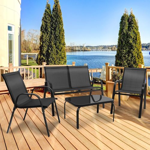 Ensemble Salon De Jardin 4 Pièces En Acier, 2 Fauteuils, 1 Canapé Et 1 Table Basse En Verre, Noir