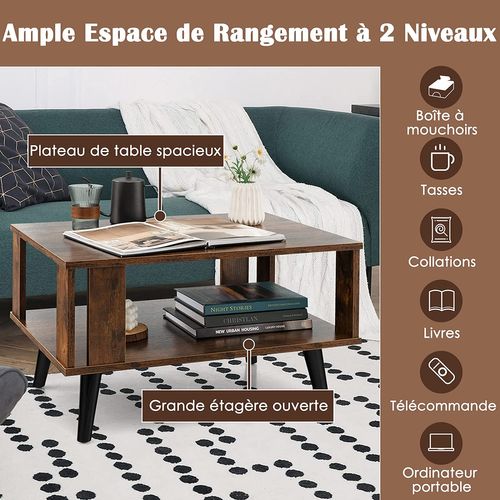 Table Basse à 2 Niveaux, Table D'appoint Industriel 4 Jambes Patins Antidérapants