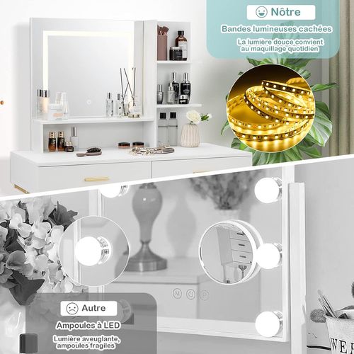 Coiffeuse Avec Miroir Lumineux Et Tabouret, Table De Maquillage Luminosité Réglable (blanc+doré)