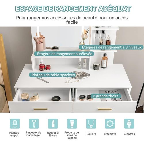Coiffeuse Avec Miroir Lumineux Et Tabouret, Table De Maquillage Luminosité Réglable (blanc+doré)