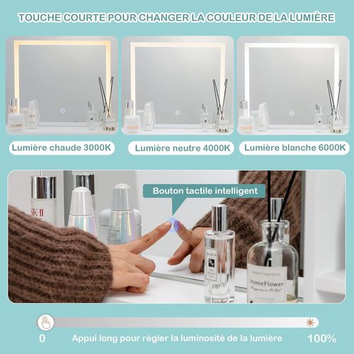 Coiffeuse Avec Miroir Lumineux Et Tabouret, Table De Maquillage Luminosité Réglable (blanc+doré)