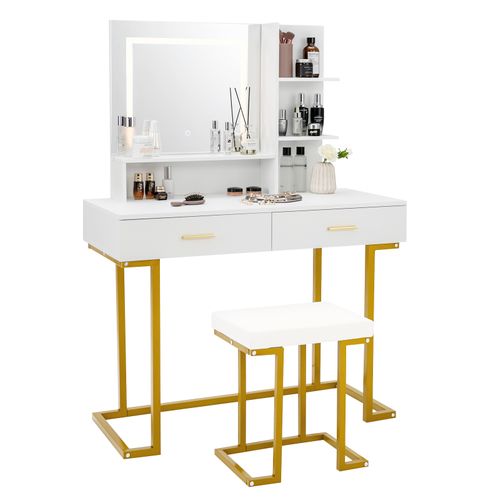 Coiffeuse Avec Miroir Lumineux Et Tabouret, Table De Maquillage Luminosité Réglable (blanc+doré)