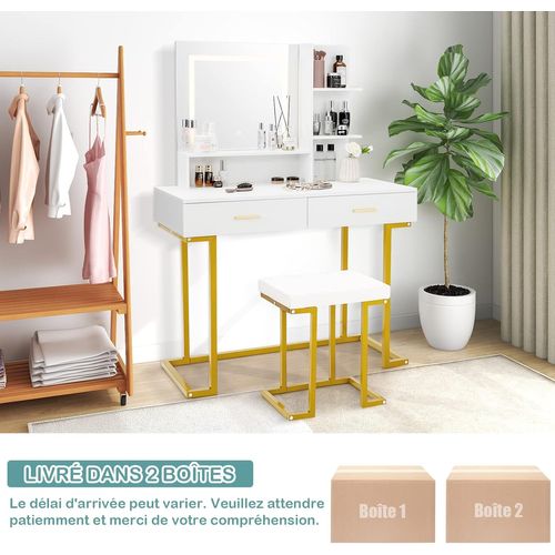 Coiffeuse Avec Miroir Lumineux Et Tabouret, Table De Maquillage Luminosité Réglable (blanc+doré)