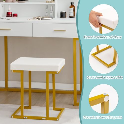 Coiffeuse Avec Miroir Lumineux Et Tabouret, Table De Maquillage Luminosité Réglable (blanc+doré)