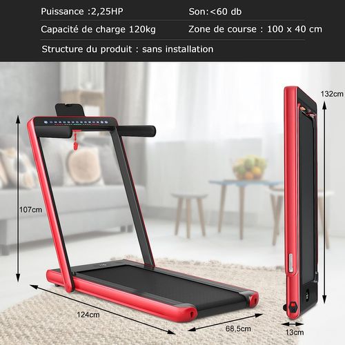 Tapis De Course Electrique Pliable 2 En 1 Vitesse 1-12 Km/h,  Charge 120kg-rouge