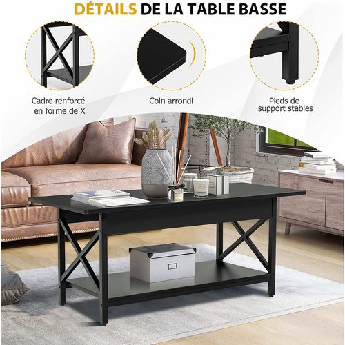 Table Basse à 2 Niveaux, 110 X 60 X 48 Cm, Avec Cadre Métallique En Forme X, Pieds Réglables, Noir