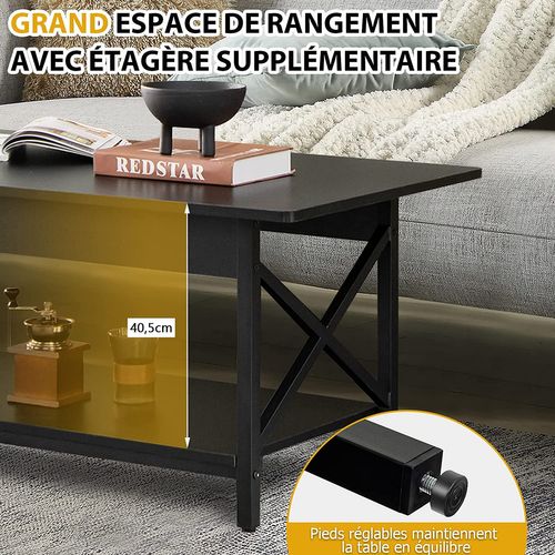 Table Basse à 2 Niveaux, 110 X 60 X 48 Cm, Avec Cadre Métallique En Forme X, Pieds Réglables, Noir