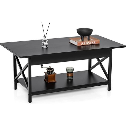 Table Basse à 2 Niveaux, 110 X 60 X 48 Cm, Avec Cadre Métallique En Forme X, Pieds Réglables, Noir