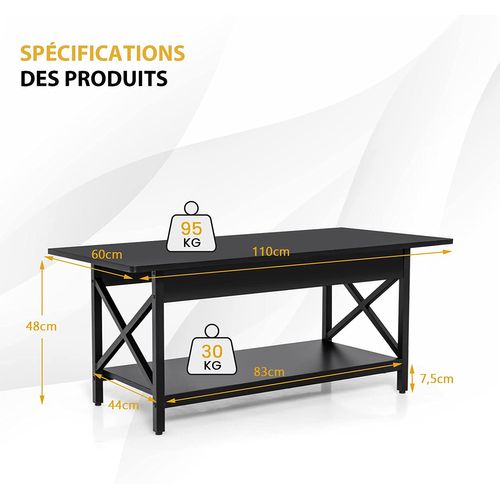 Table Basse à 2 Niveaux, 110 X 60 X 48 Cm, Avec Cadre Métallique En Forme X, Pieds Réglables, Noir