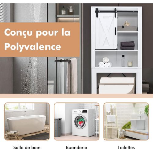Meuble Wc Au-dessus De Toilettes En Bois 3 Étagères Avec Porte Coulissante Pour Salle De Bain