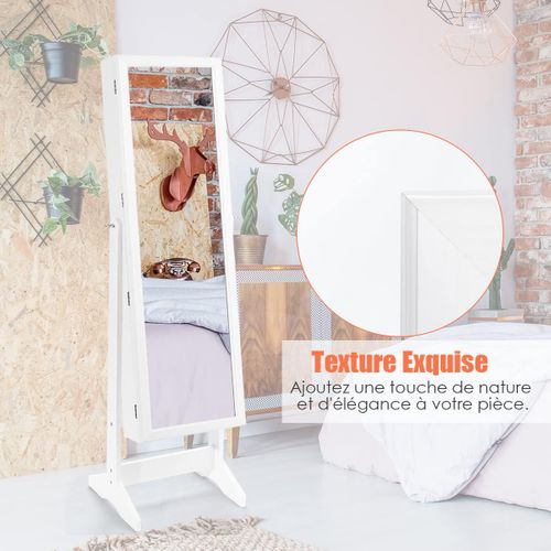 Armoire à Bijoux Sur Pied Avec Miroir Psyché Inclinable à 4 Angles, Rangement Et Présentoir Blanc