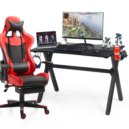 Bureau Gaming Pour Gamer Table Ergonomique Avec Porte-gobelet Et Crochet - 123 X 60 X 76 Cm