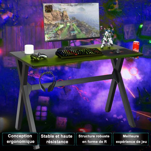 Bureau Gaming Pour Gamer Table Ergonomique Avec Porte-gobelet Et Crochet - 123 X 60 X 76 Cm